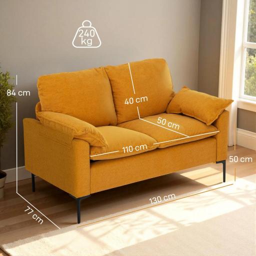 Sofá de 2 Plazas Tapizado en Terciopelo con Patas de Metal Reposabrazos Acolchado 130x77x84 cm Amarillo [1]