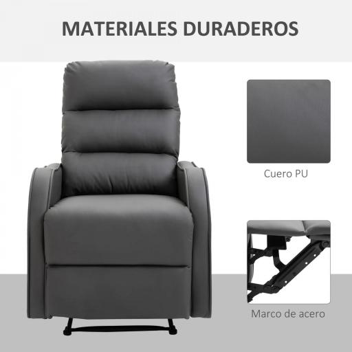 Sillón Relax Reclinable Sofá Relax Tapizado en PU con Reposapiés Retráctil para Dormitorio Salón 65x89x100 cm Gris [3]