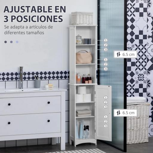 Columna de Baño con 3 Compartimientos Puerta y Estantes Ajustables para Ducha Aseo 34x23x165 cm Blanco [3]