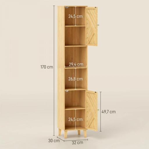 Columna de Baño Estrecha con Puertas y Patas de Bambú Estantes Ajustables Compartimento Abierto 32x30x170 cm Natural [1]