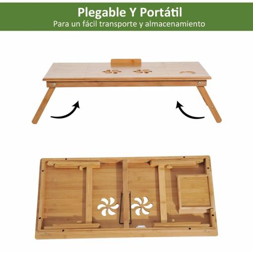 Mesa de Ordenador Portátil Bambú Bandeja de Cama Desayuno Plegable Reclinable Altura Ajustable Soporte Escritorio de regazo 1 Cajón 72x35x22-30cm [7]