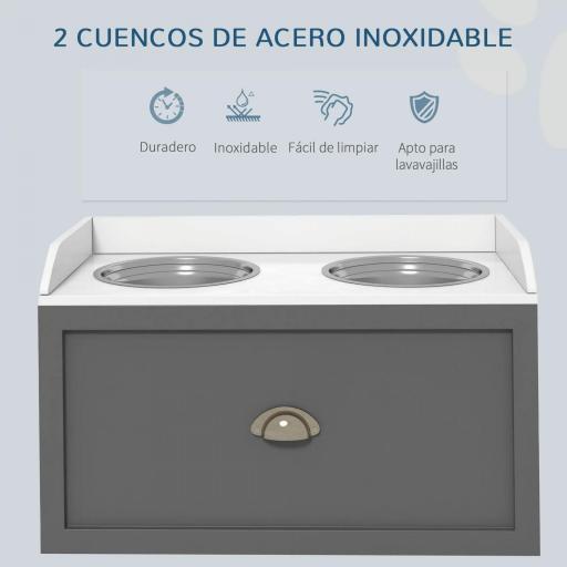 Comedero Elevado para Perros Grandes con 2 Cuencos de 2000 ml de Acero Inoxidable y 1 Cajón 63x30x36 cm Gris y Blanco [3]
