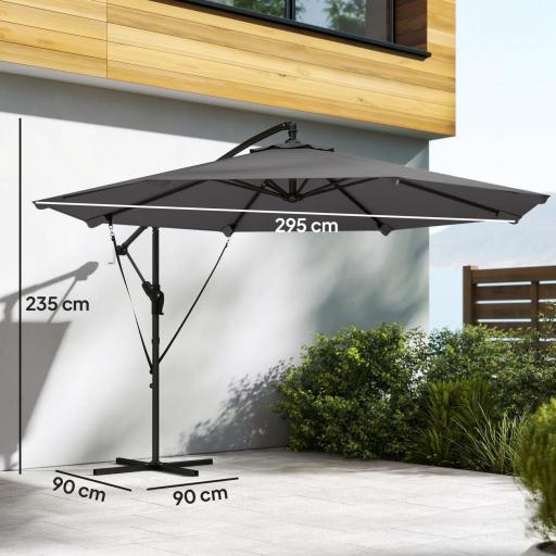 Parasol Excéntrico Ø300 cm con Base Cruzada Manivela Funda Protectora y Cuerdas de Viento UPF30+ Gris Oscuro [1]