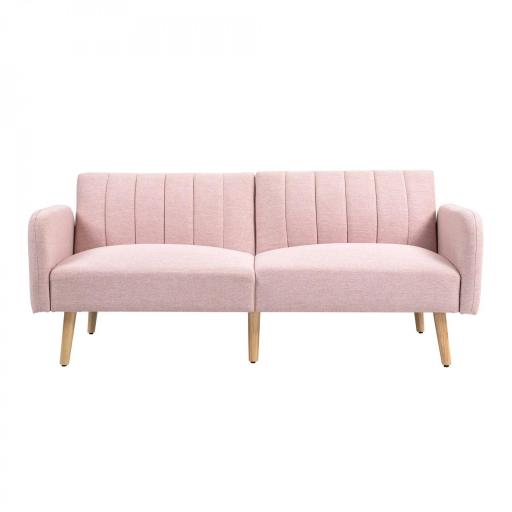 Sofá Cama de 3 Plazas Rosa Pastel Tapizado en Lino Sintético con Respaldo Ajustable y Reposabrazos Desmontables 173x75x73 cm Rosa [9]