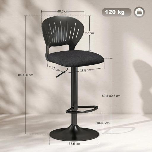 Juego de 2 Taburetes de Bar Giratorios en 360° Regulables en Altura de 84-105 cm Respaldo Hueco Reposapiés Negro [1]