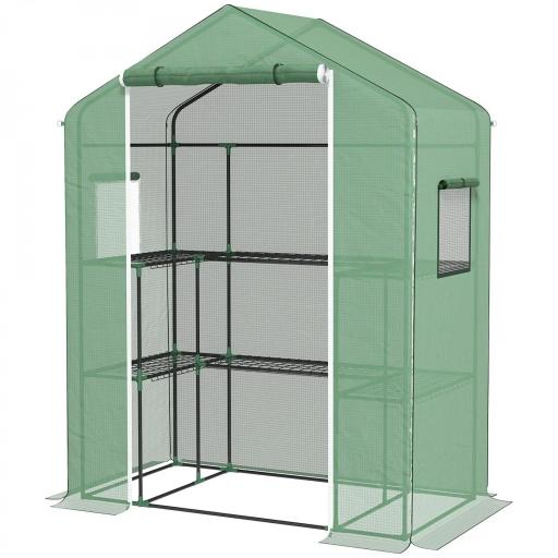 Invernadero con 1 Puerta 2 Ventanas y Estantes de 2 Niveles en Forma de U para Cultivo de Plantas 140x73x190 cm Verde [10]