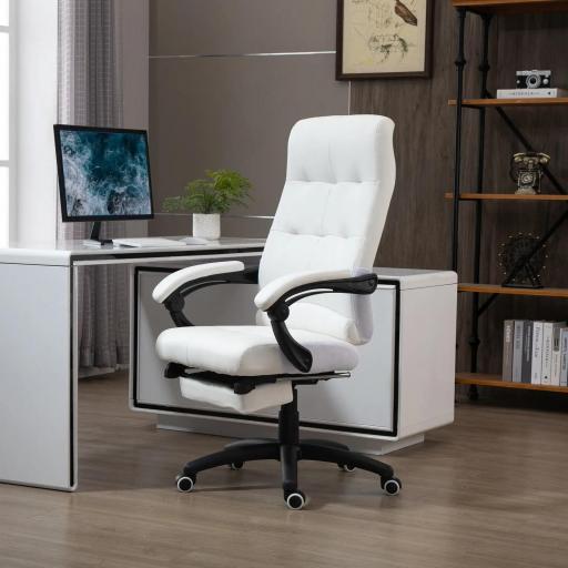 Silla de Oficina Giratoria Silla de Escritorio Reclinable Silla de Estudio Tapizada de PU con Altura Ajustable Reposabrazos Reposapiés 65x65x118-125 cm Blanco
