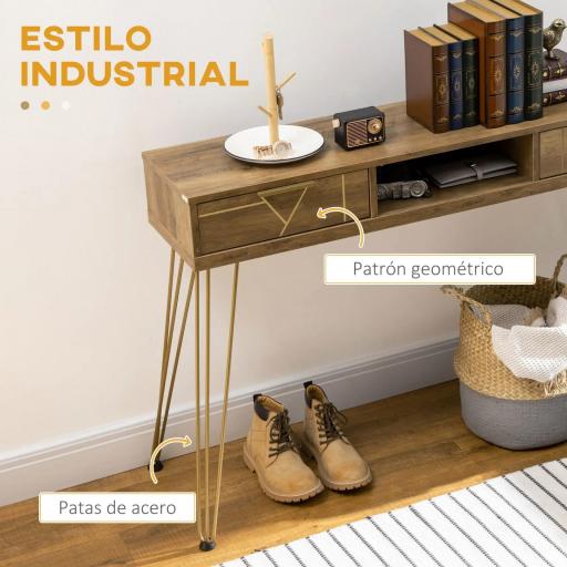Consola Mueble Recibidor de Entrada con 2 Cajones Estante Abierto y Patas de Acero 120x29x79 cm Madera y Bronce [2]