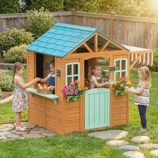Casita Infantil Exterior e Interior de Madera con Barra de Snack Maceteros Pizarra Ventanas Tela para Tiro y 4 Pelotas