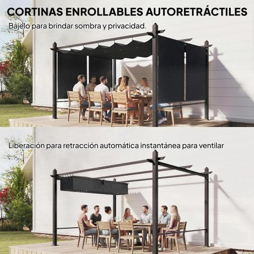 Pérgola de Jardín 4x3 m con Cortinas Enrollables Automáticas y Techo Retráctil Cenador de Jardín con UPF50+ Gris Oscuro [2]