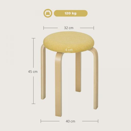 Juego de 4 Taburetes Redondos de Madera Apilables con Asiento Acolchado para Cocina Comedor Dormitorio Amarillo [1]
