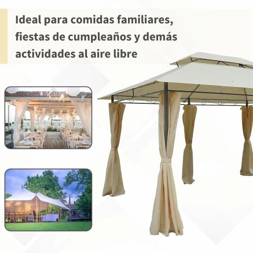 Gazebo de Exterior 3x4 m con Paredes Laterales Doble Techo 6 Puertas con Cremallera y 8 Orificios de Drenaje Crema [2]