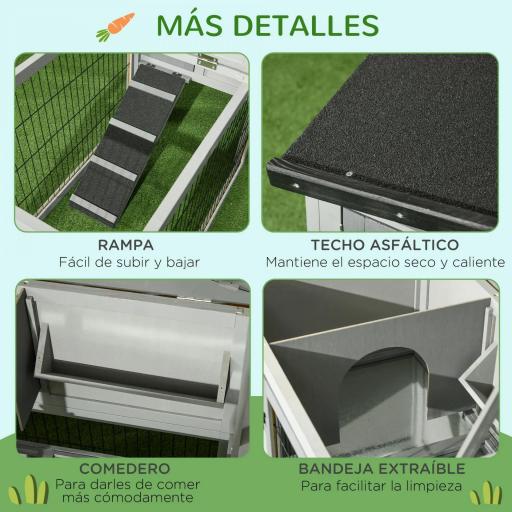 Conejera Exterior de Madera 150x52x68 cm Jaula para Conejos Grande con Techo Abatible Bandeja Extraíble y Rampa Gris [5]