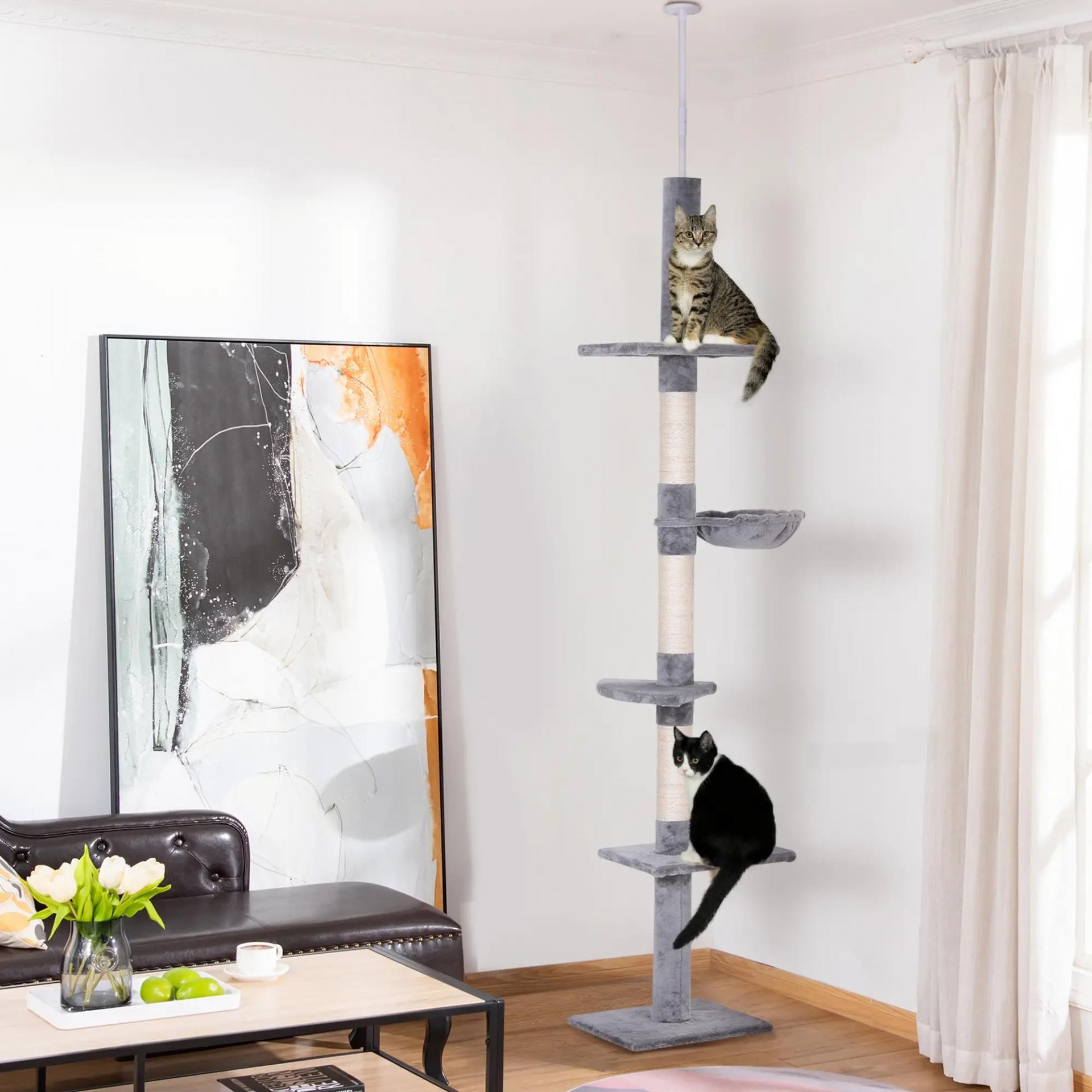 Árbol para Gatos de Suelo al Techo de 230-260 cm con Altura Ajustable Plataformas Hamaca y Postes de Sisal Gris