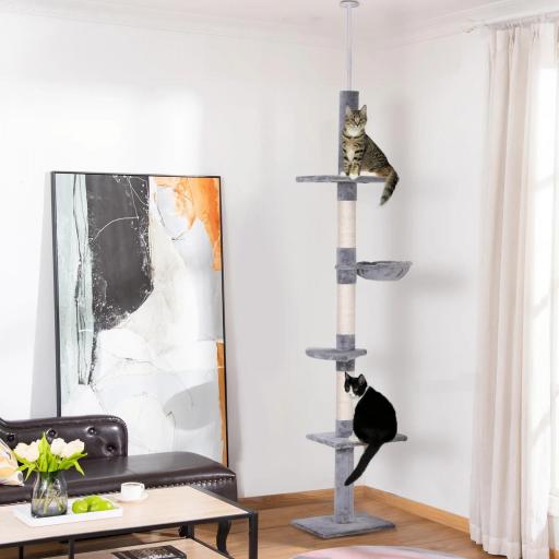 Árbol para Gatos de Suelo al Techo de 230-260 cm con Altura Ajustable Plataformas Hamaca y Postes de Sisal Gris