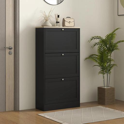 Mueble Zapatero Moderno con 3 Cajones Abatibles y Estantes Ajustables para 18 Pares de Zapatos 60x23,5x115 cm Negro [6]