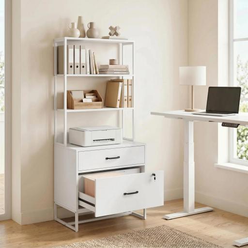 Mueble Archivador con Estantería 2 Cajones Encimera para Impresora Cerradura para A4 Letter Legal Blanco [1]