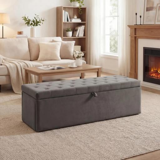 Puff Almacenaje, Banco Almacenaje 141L 137x41x42 cm Tapizado en Terciopelo Baúl de Almacenamiento Carga 240 kg Gris [7]
