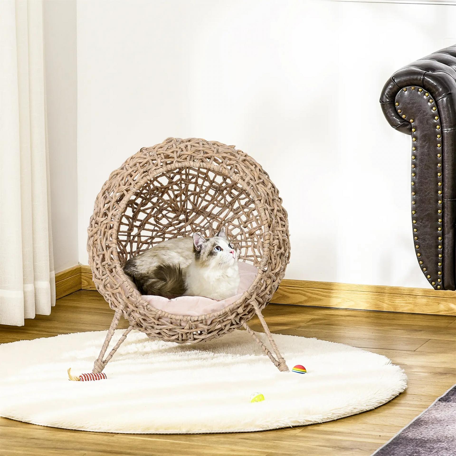 Cama Cueva de Ratán para Gatos o Mascotas Pequeña con Base Trípode Cojín de Felpa y Algodón Suave Diseño Elevado Estable Φ52x58 cm Madera Natural