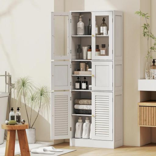 Columna de Baño Estrecha con Puertas de Vidrio Puertas de Lamas Estantes Ajustables 60x30x170 cm Blanco 
