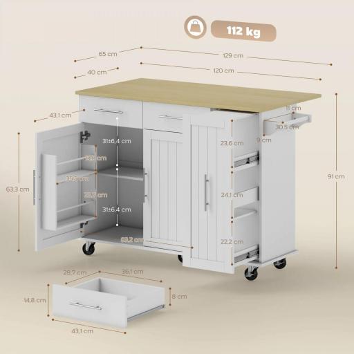Isla de Cocina con Ruedas Encimera Plegable 2 Puertas con Cierre Suave Bandeja Extraíble 2 Cajones Blanco [1]