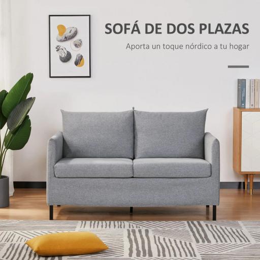 Sofá de 2 Plazas Tapizado en Lino Sintético con Cojines Acolchados Desenfundables Reposabrazos 130x67x76,5 cm Gris [2]