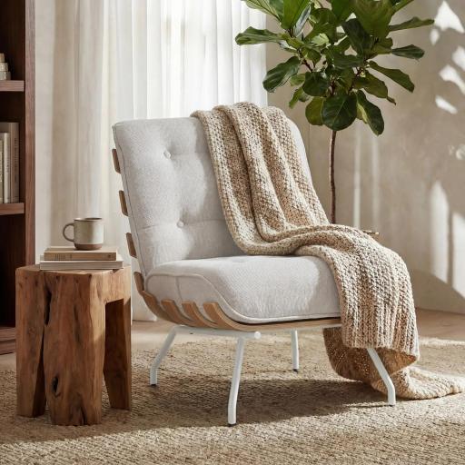 Butaca de Salón Tapizada en Lino con Asiento Acolchado Soporte con Listones Estructura de Acero Crema [5]