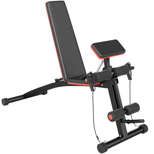 Banco de Musculación Plegable, Banco de Pesas, Respaldo Inclinable de 7 Niveles, Extensión de Pierna, Cojín de Predicador, Banda de Resistencia, para Entrenamiento Completo, Casa Gimnasio, Rojo [4]