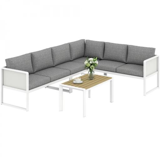 Conjunto de Jardín Exterior con Cojines 3 Sofás de 2 Plazas Mesa con Tablero Efecto Madera WPC y Cojines Gris y Blanco [9]
