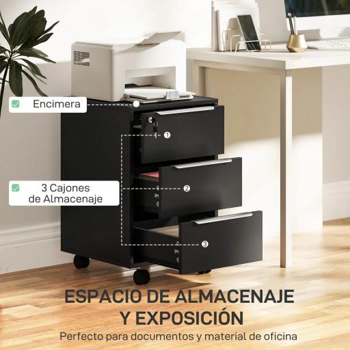 Cajonera de Escritorio con 3 Cajones Ruedas Cerradura y 2 Llaves para Estudio Salón 40x40x63,5 cm Negro [2]