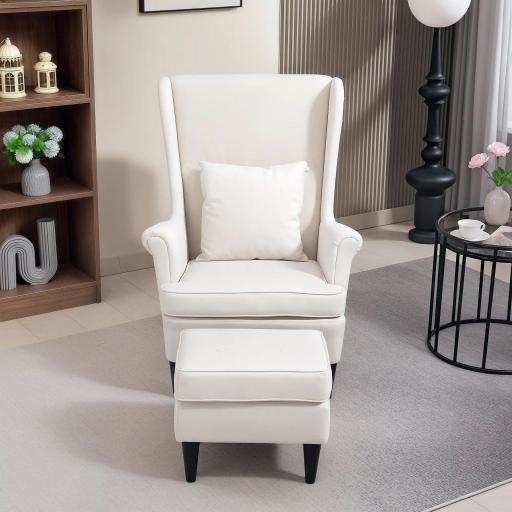 Sillón con Reposapiés Respaldo Alto Capitoné Patas de Madera Almohada Acolchada y Tapizado en Lino Beige [7]