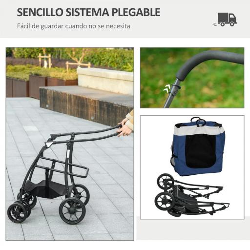 Cochecito para Perros Plegable con Vagón Desmontable 4 Puertas con Cremallera 2 Correas de Seguridad y Cojín Azul [5]