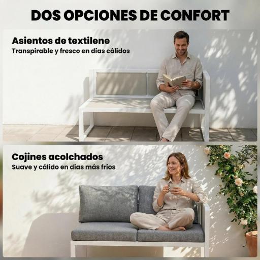 Conjunto de Jardín Exterior con Cojines 3 Sofás de 2 Plazas Mesa con Tablero Efecto Madera WPC y Cojines Gris y Blanco [6]