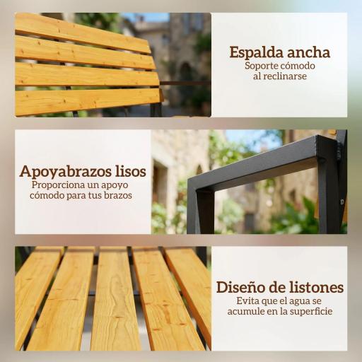 Banco de Jardín Exterior de 2 Plazas con Respaldo y Asiento Listonado de Madera Marco de Acero 136x54x82 cm Natural [4]