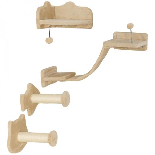 Rascador de Pared para Gatos con 2 Postes de Sisal Plataforma Doble con Escalera Suave y 1 Plataforma para Saltar Beige [8]
