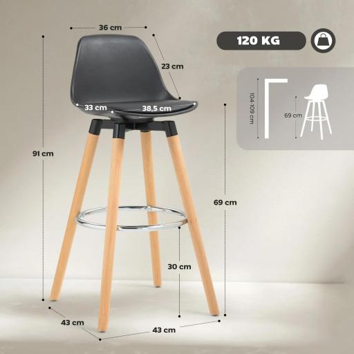 Juego de 2 Taburetes Altos de Cocina 69 cm Tapizado en PU con Respaldo Patas de Madera para Comedor Negro [1]