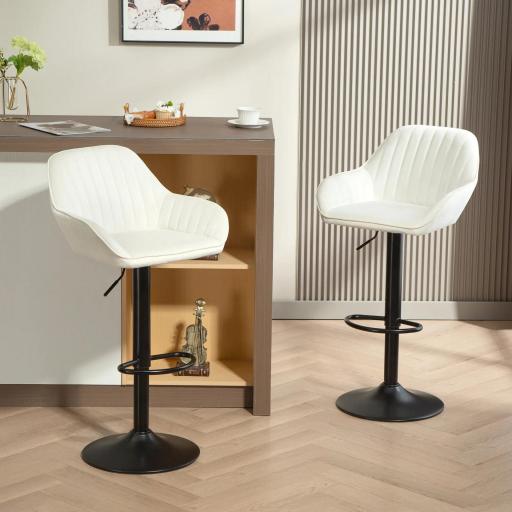 Juego de 2 Taburetes de Bar Giratorios Altura Ajustable 62-83 cm Tapizada en Terciopelo Respaldo y Reposapiés Crema