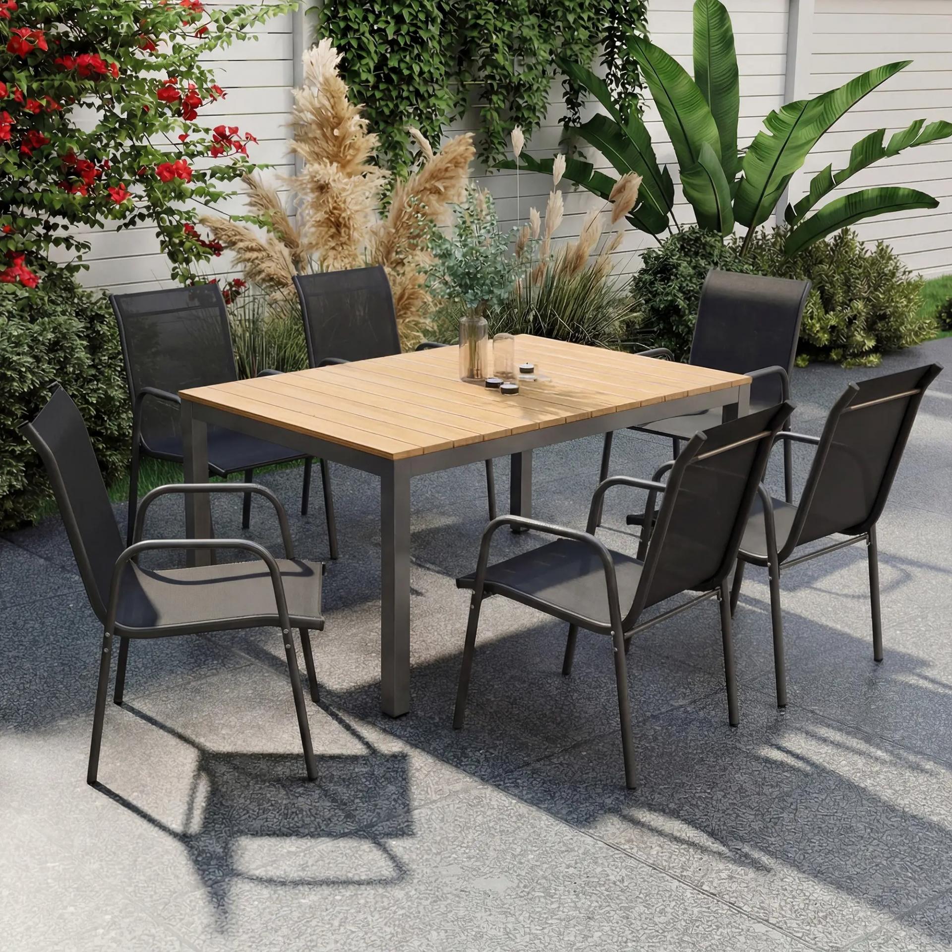 Juego de 6 Sillas de Jardín Exterior Apilables con Reposabrazos Asiento y Respaldo de Malla Estructura de Metal Negro