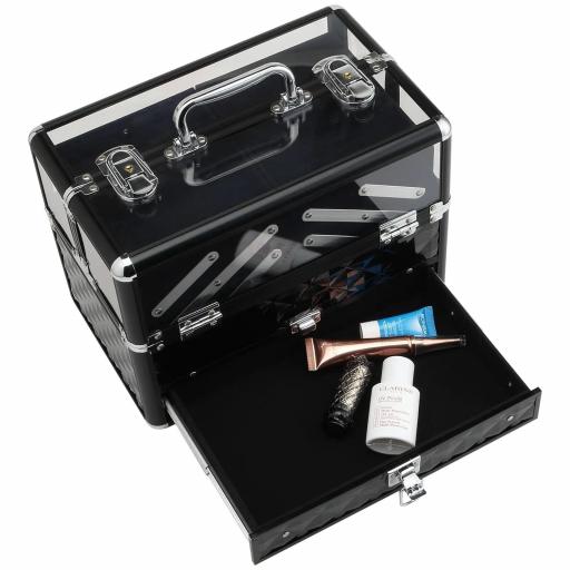Maletín de Maquillaje Bisutería Organizador Cosméticos Portátil Múltiples Niveles Con Asa y Bandejas Desplegables Aleación de Aluminio 30x18,5x22 cm Transparente y Negro [7]