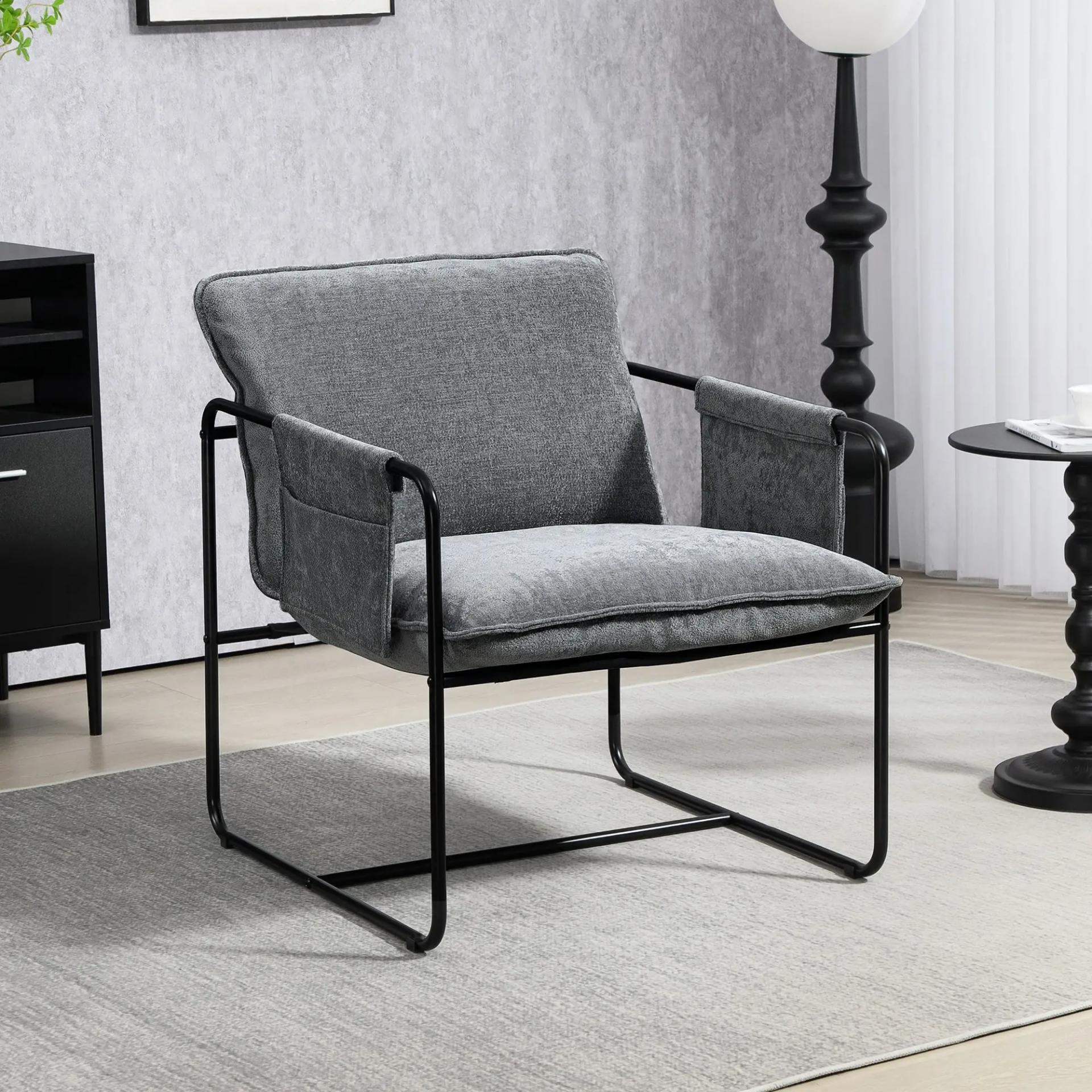 Butaca Moderna para Relax con Tapizado en Chenilla Estructura de Acero y Reposabrazos con Bolsillos 68x76x81 cm Gris