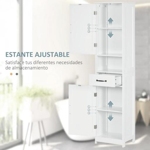 Columna de Baño con 2 Puertas 1 Cajón Estante Abierto y 2 Armarios con Estante Ajustable 40x30x164 cm Blanco [3]