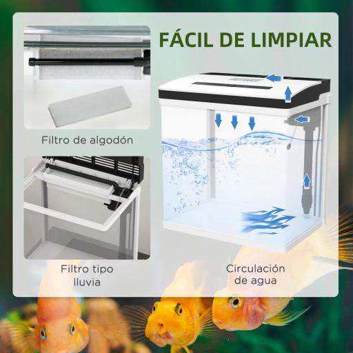 Acuario de Cristal de 28L Pecera Pequeña con Sistema de Filtro Iluminación LED Bomba de Agua 38x26x39,5 cm Blanco [3]