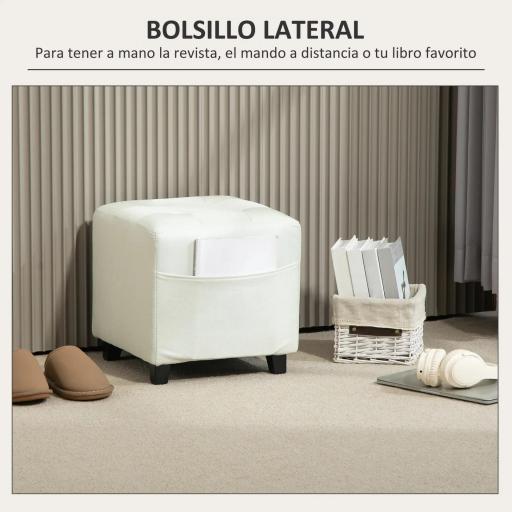 Reposapiés de Salón Taburete Bajo Tapizado en Lino con Bolsillo Lateral y Tapa con Botones Acolchados Crema [5]