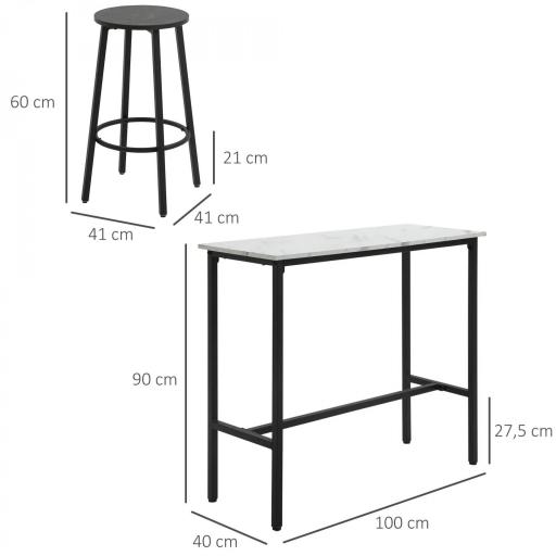 Conjunto de Mesa Alta de Bar con 2 Taburetes Redondo Set de 3 Piezas con Marco de Acero de Estilo Moderno Blanco y Negro [1]