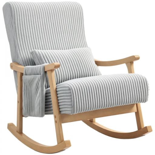 Silla Mecedora de Pana con Patas y Reposabrazos de Madera de Caucho Cojín Lumbar y Bolsillo Carga 120 kg Gris [10]