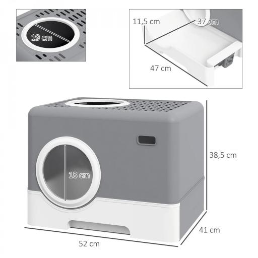 Arenero para Gatos Cubierto con Pala Bandeja Extraíble Entrada Frontal y Salida Superior 52x41x38,5 cm Gris [1]