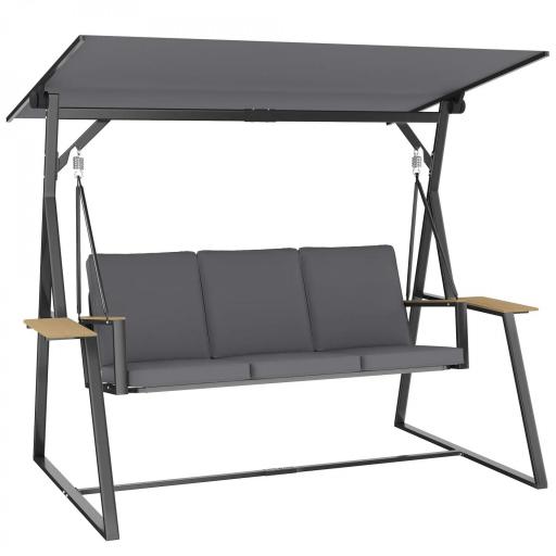 Columpio de Jardín Exterior de 3 Plazas con Techo Ajustable 2 Bandejas Cojines y Marco de Metal Carga 360 kg Gris [9]