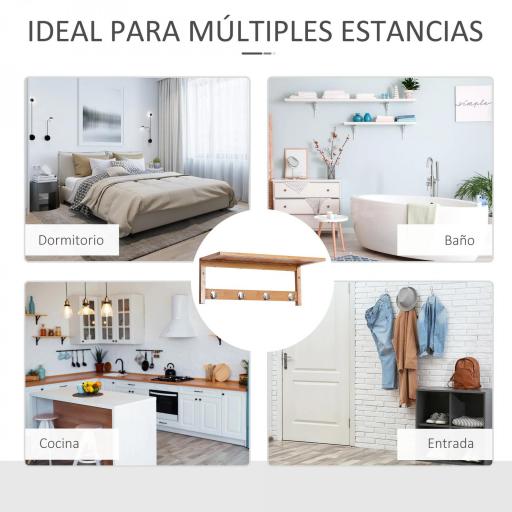 Perchero de Pared de Bambú Estante Toallero de pared 4 Ganchos para Entrada Salón Baño Pasillo Dormitorio 50x16x17,5 cm Carga 5kg [3]