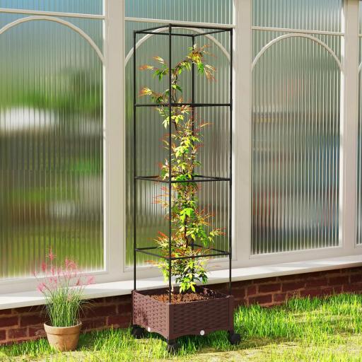 Jardinera con Enrejado Ruedas con Drenaje para Cultivos Verduras Flores Hierbas 40x40x165 cm Marrón