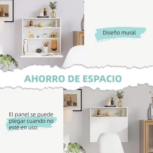 Escritorio Plegable de Pared Moderno Mesa Flotante Multifuncional con Estantes de Almacenamiento 64x20x60 cm Blanco [9]